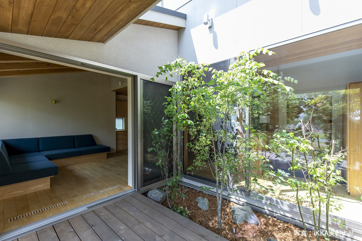 滋賀県大津市の完成見学会のお家の中庭の木々