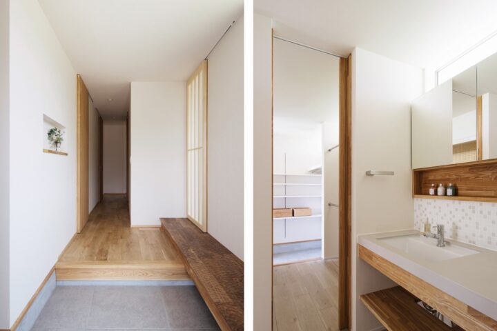 滋賀県の工務店が建てた木の家の玄関と洗面スペース